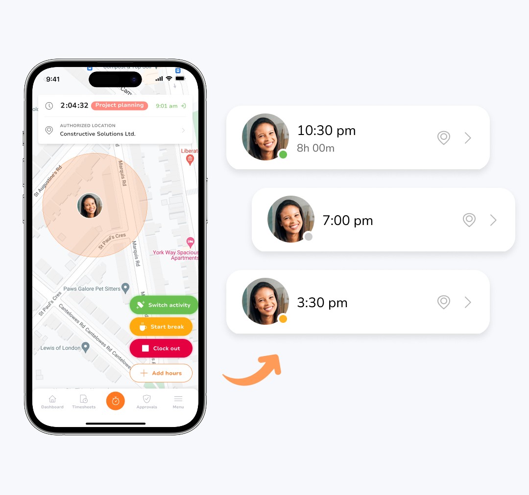 Live GPS map showing field employee locations