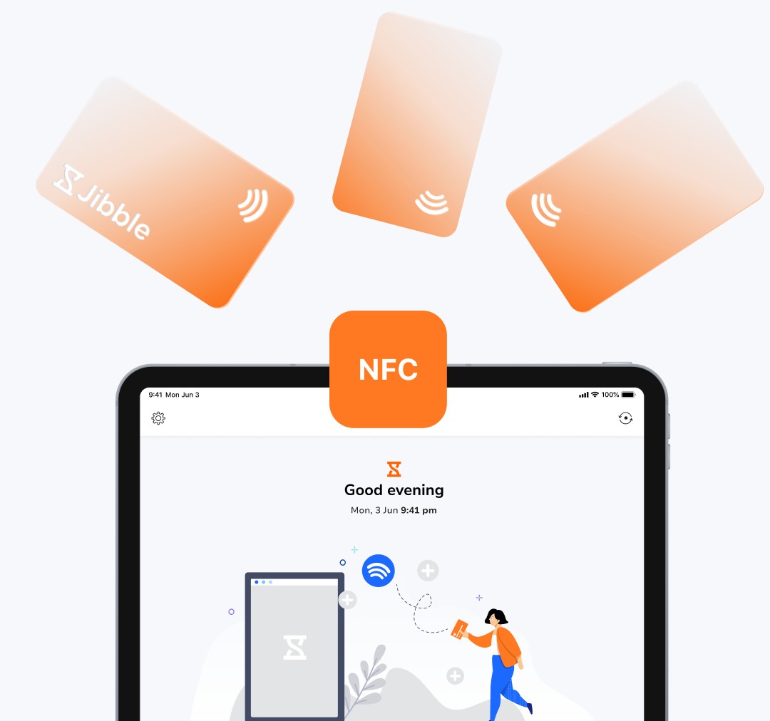 Employee clocking in with NFC card tap on a Jibble shared kiosk time clock
