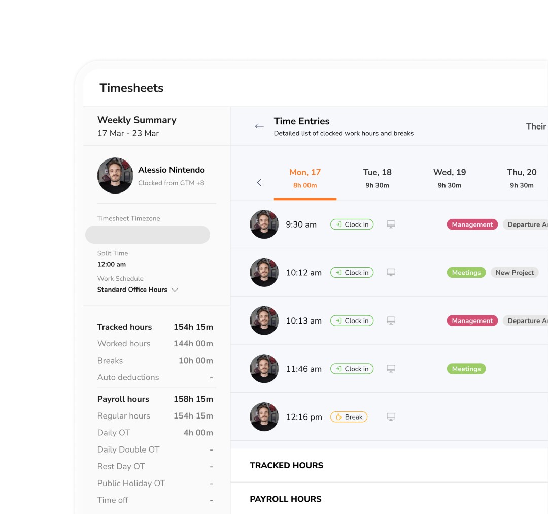 Automated employee timesheet showing daily hours, breaks, and overtime