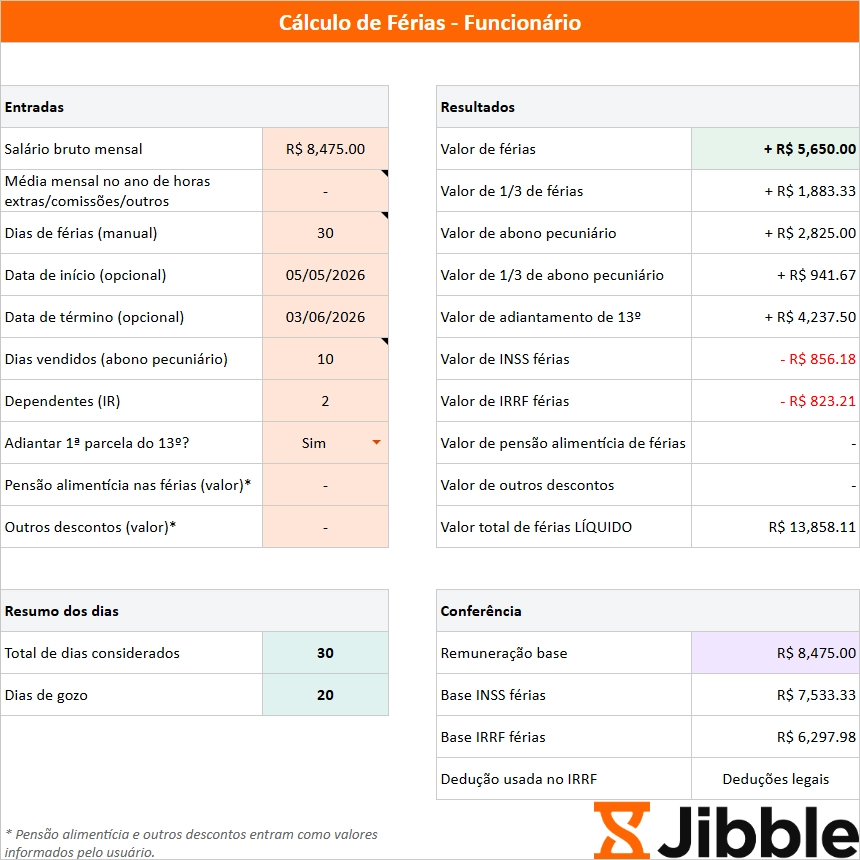modelo de planilha de calculadora de férias