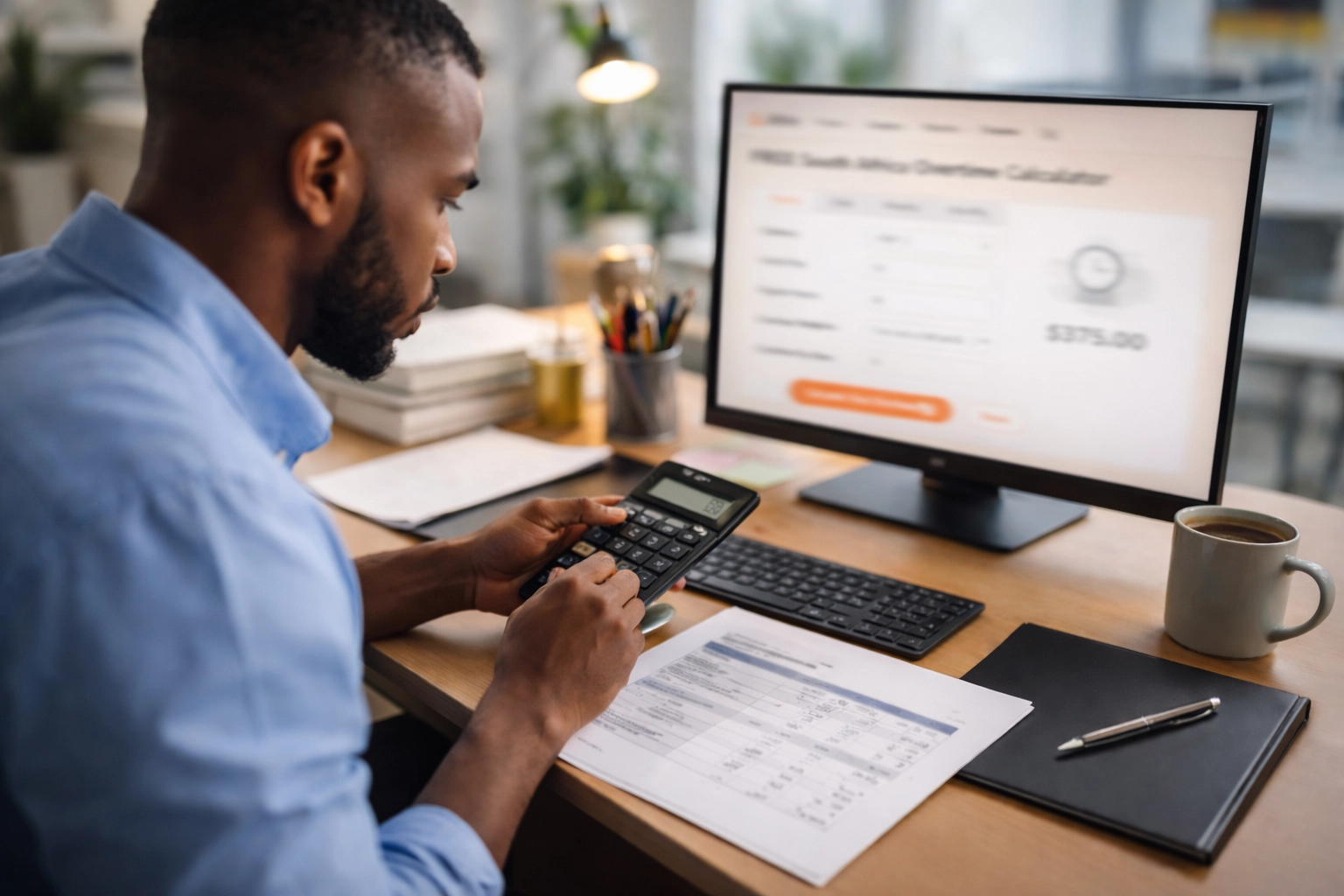 An office worker calculating overtime hours using Jibble's South Africa overtime calculator.