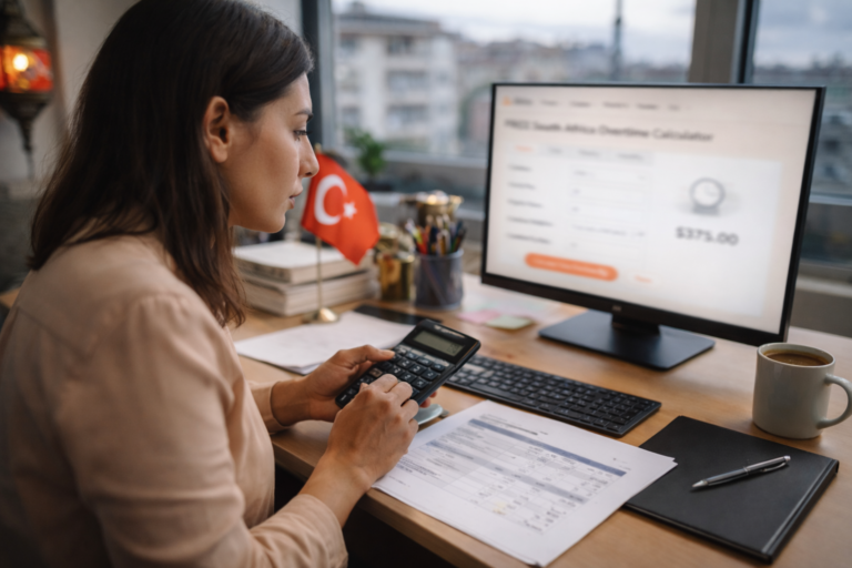 Turkish office worker using a calculator and computer to calculate overtime pay with jibble's overtime calculator on screen