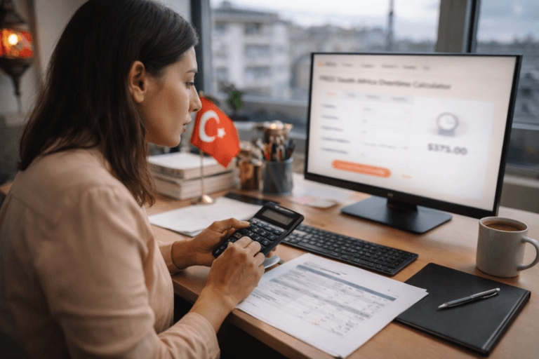 Turkish office worker using a calculator and computer to calculate overtime pay with jibble's overtime calculator on screen