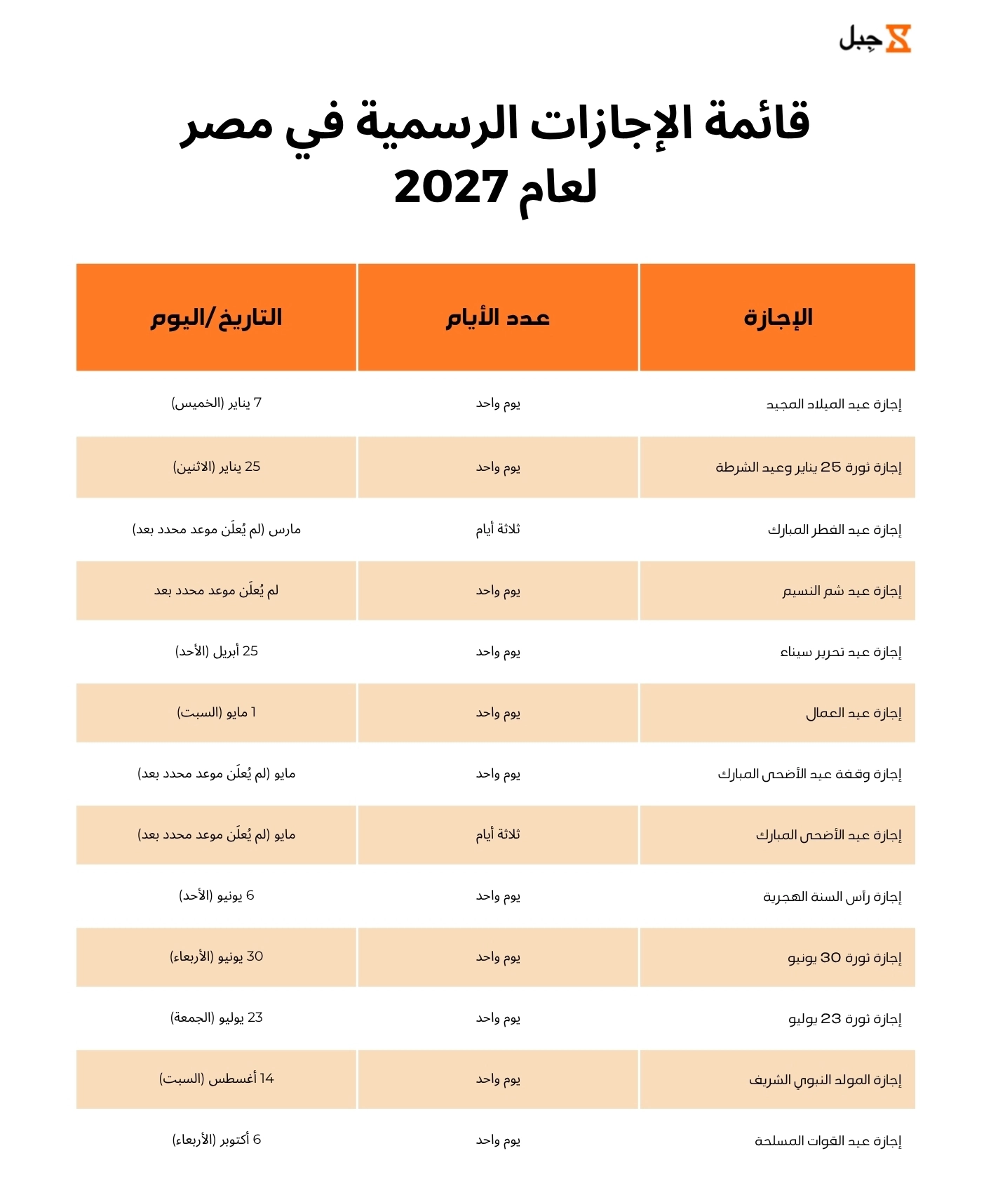 ملصق قائمة الاجازت الرسمية في مصر لعام 2027