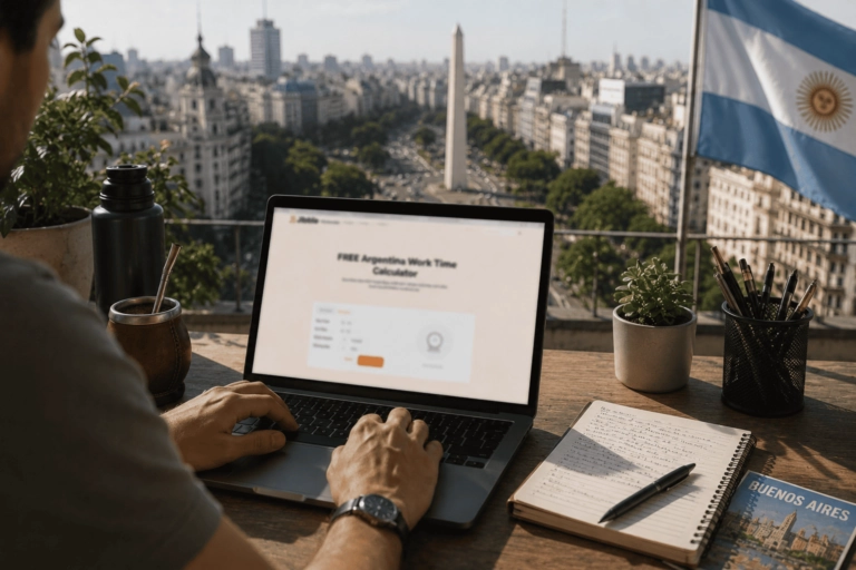 Jibble's Argentina work time calculator on laptop during remote work session