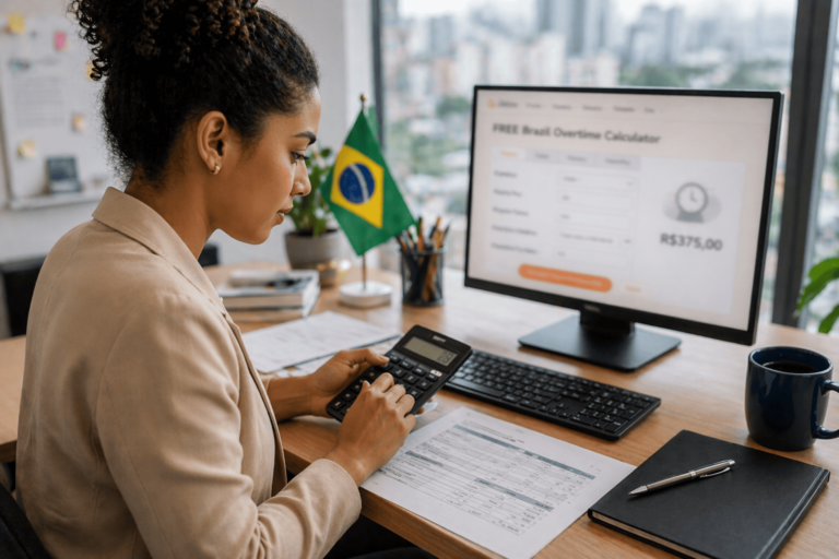 Brazilian employee using Jibble’s Brazil overtime calculator to calculate overtime pay at an office desk.