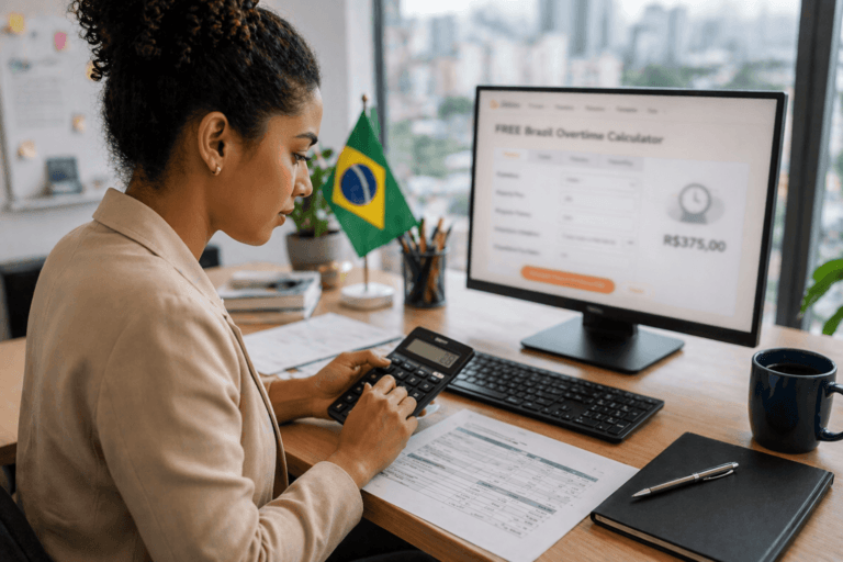 Brazilian employee using Jibble’s Brazil overtime calculator to calculate overtime pay at an office desk.