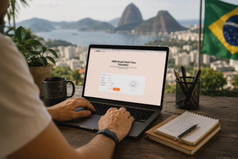 A remote worker using Jibble's Brazil work time calculator on a laptop with a Rio de Janeiro city view in the background.