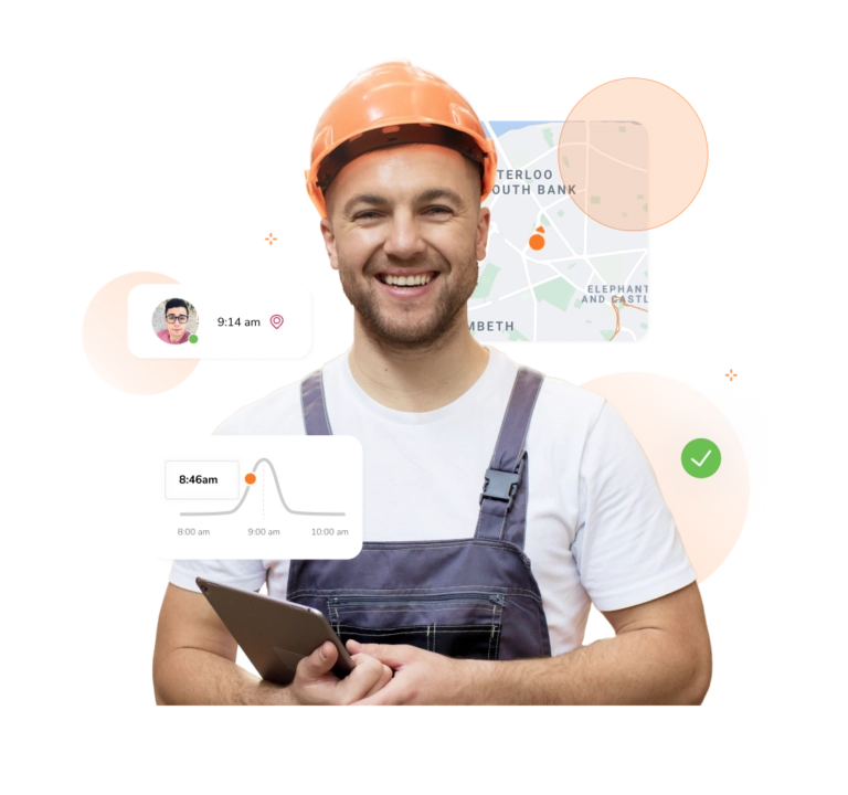 Construction worker on site using Jibble mobile time tracking with GPS