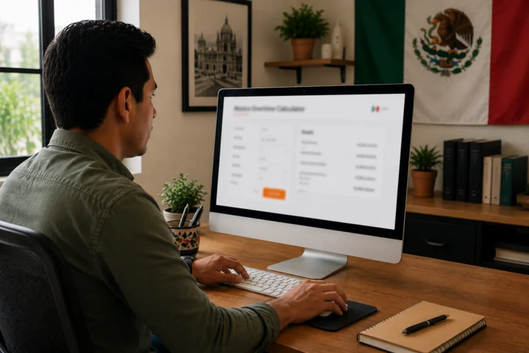 Employee using a computer with jibble's Mexico overtime calculator in a modern Mexican office workspace.