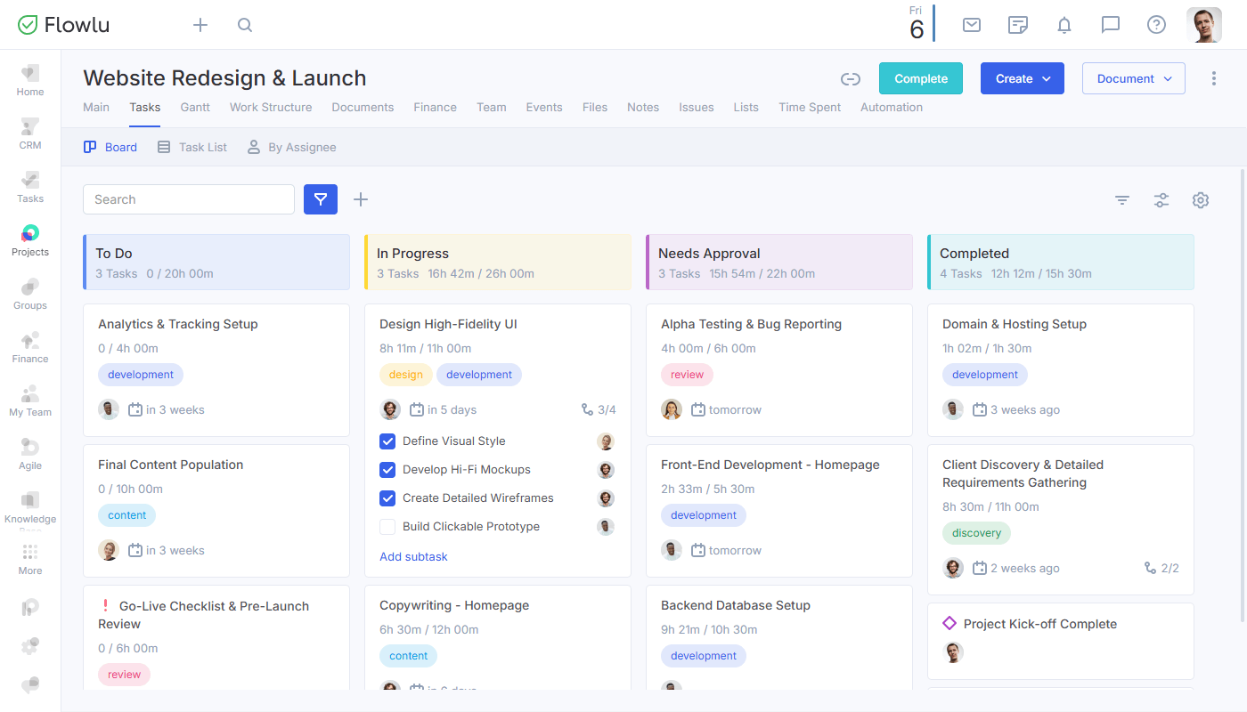 Paibnel de Flowlu, software de gestão de projetos
