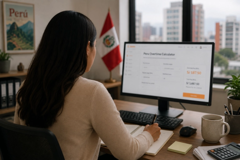 Employee in a Peruvian office writing in a notebook while reviewing jibble's Peru overtime calculator on a computer screen.