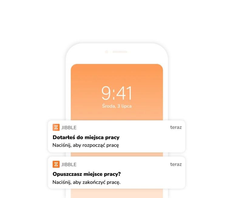 Powiadomienia wyzwalane przekroczeniem strefy wirtualnego ogrodzenia w aplikacji mobilnej Jibble do rejestrowania czasu pracy.