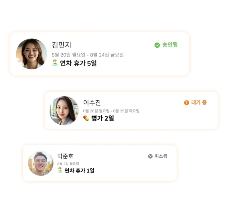 휴가 신청 내역과 상태를 확인할 수 있는 연차관리 및 휴가 관리 소프트웨어