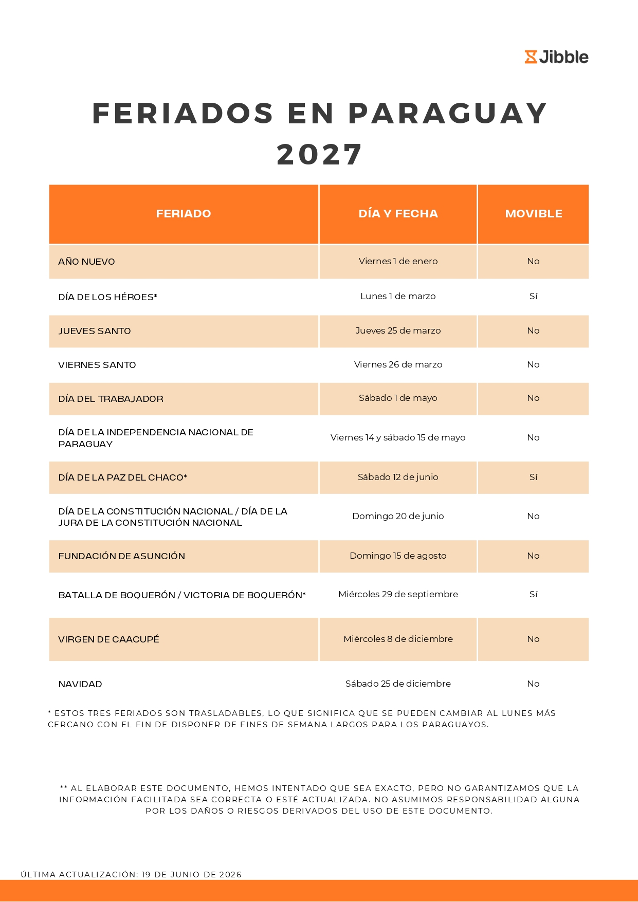 feriados en Paraguay en 2027
