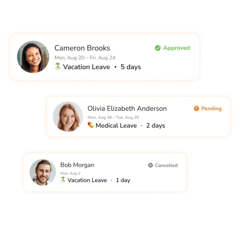 PTO tracking and leave management software with details of leave requests and statuses