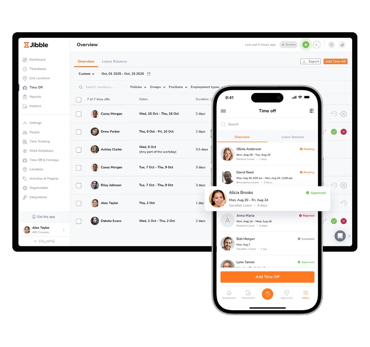 Jibble PTO tracking software Time Off overview with leave requests, durations and approval statuses on web and mobile