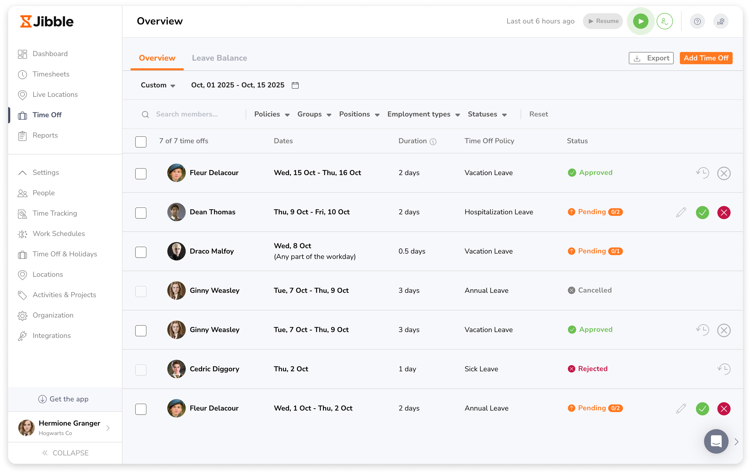 jibble web app interface for employee leave management
