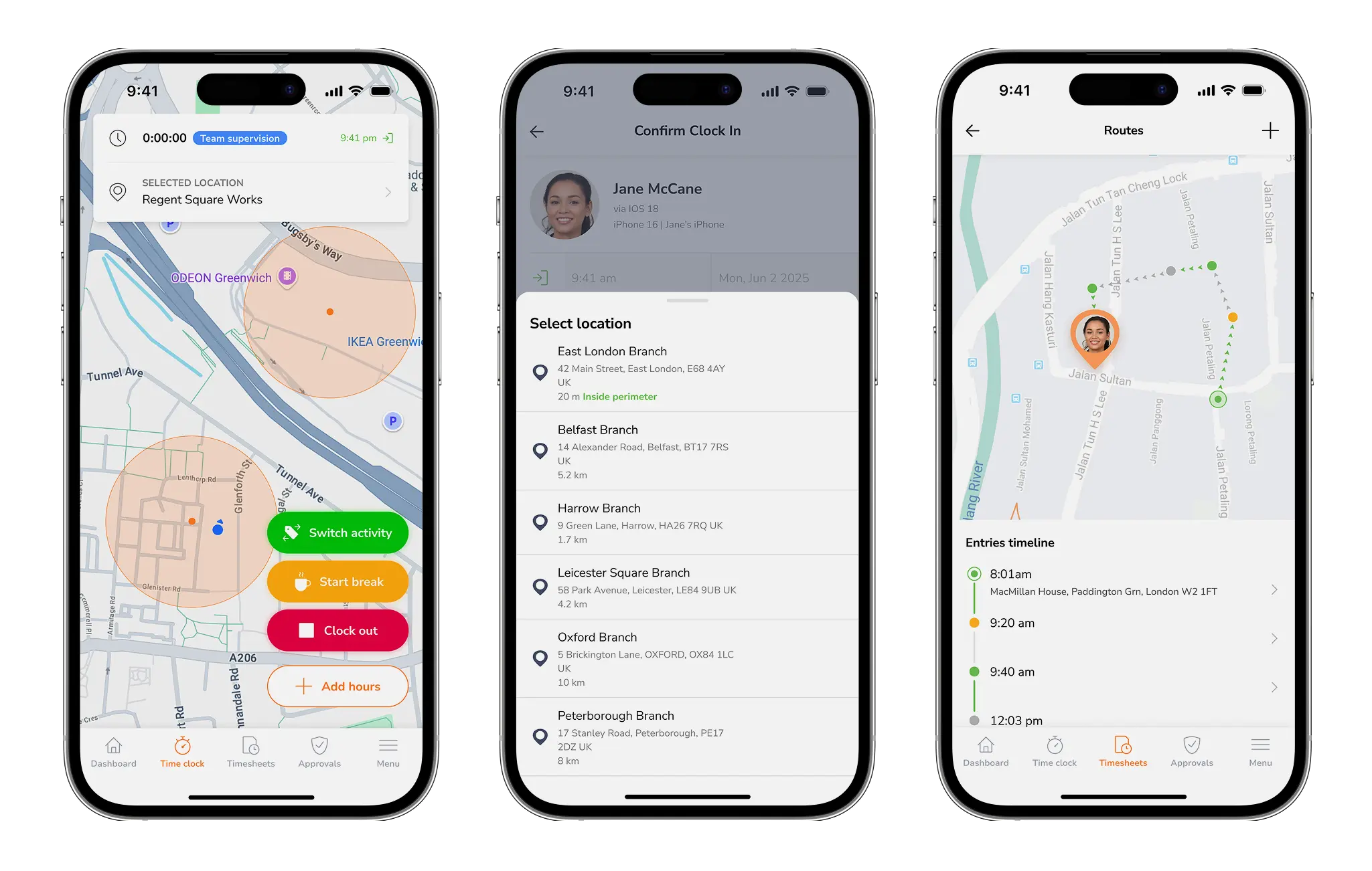Jibble mobile location tracking showing GPS routes and geofencing features