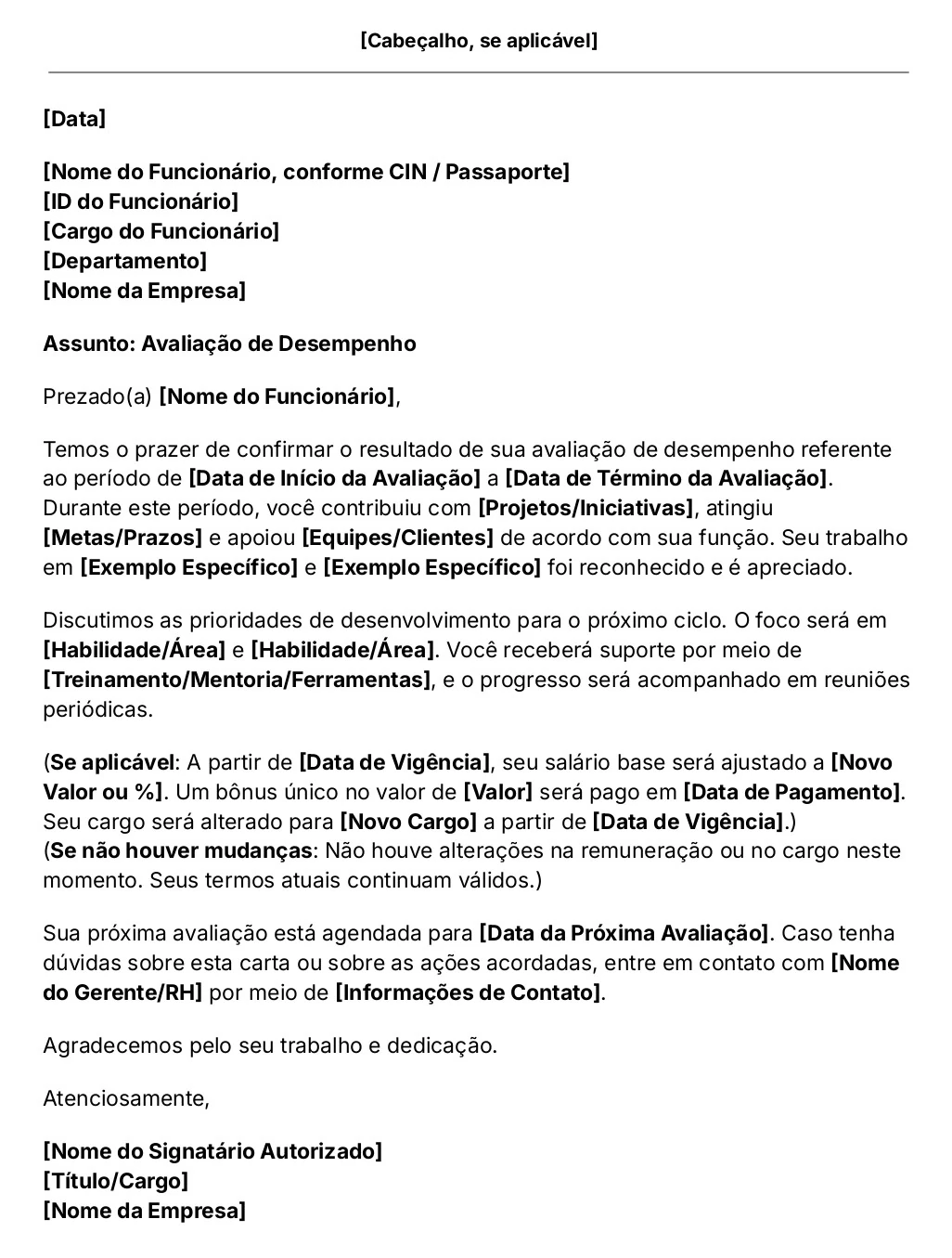 modelo de carta de avaliação de desempenho