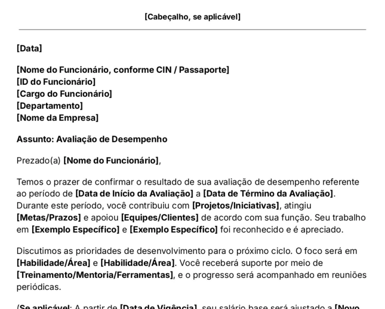modelo de carta de avaliação de desempenho