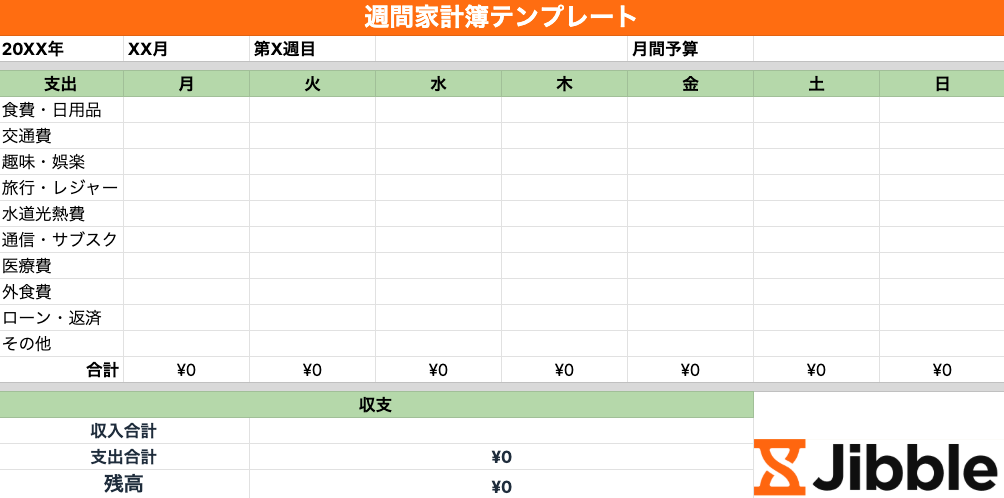 週間家計簿テンプレート