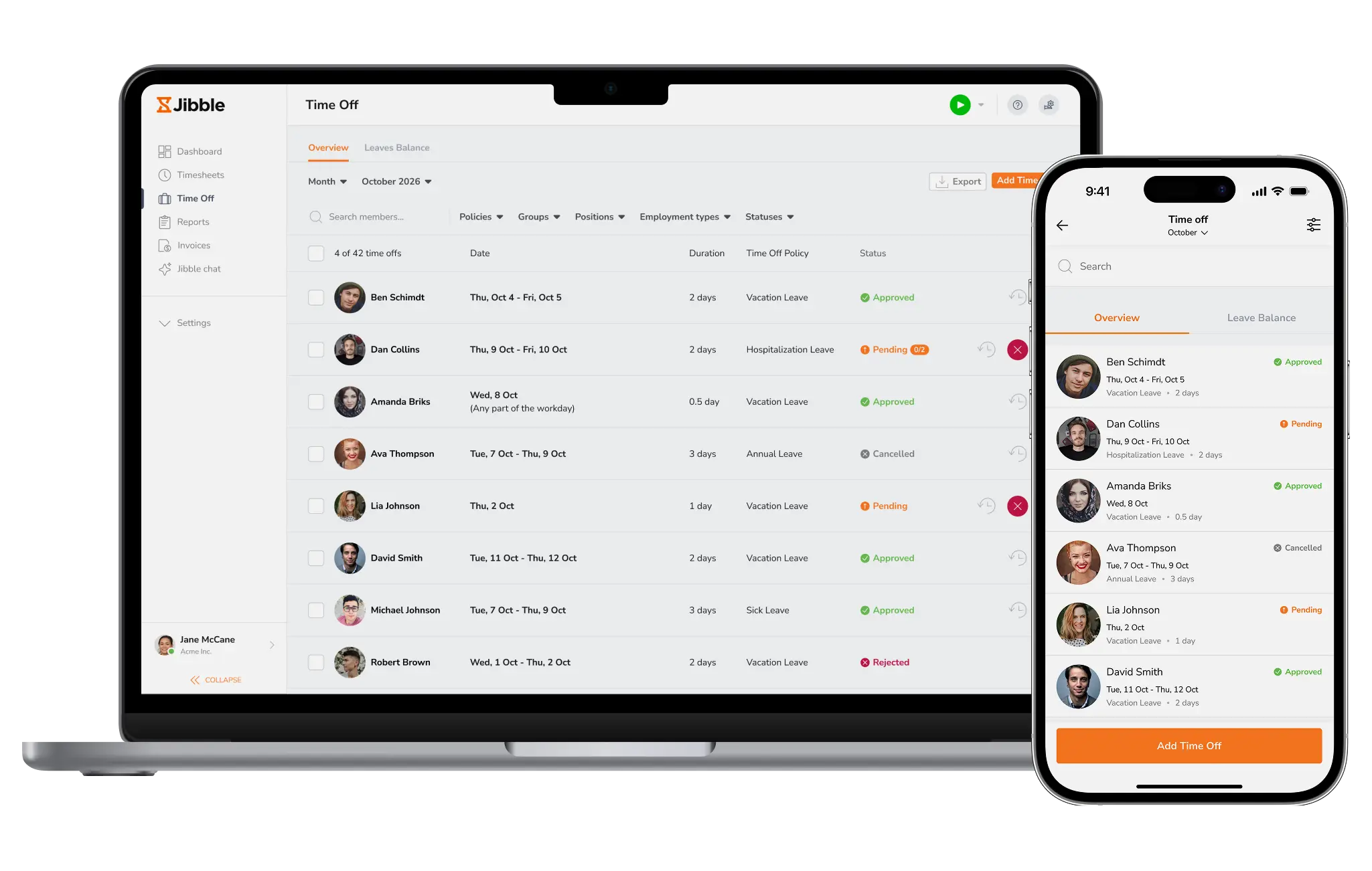 Jibble time off management showing leave requests and balances on web and mobile
