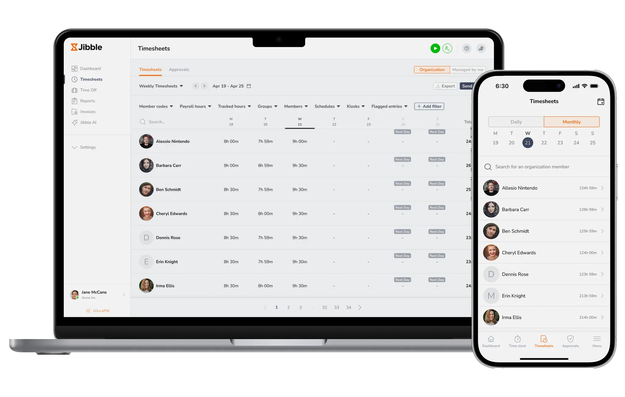 Jibble timesheets showing tracked work hours on web and mobile devices