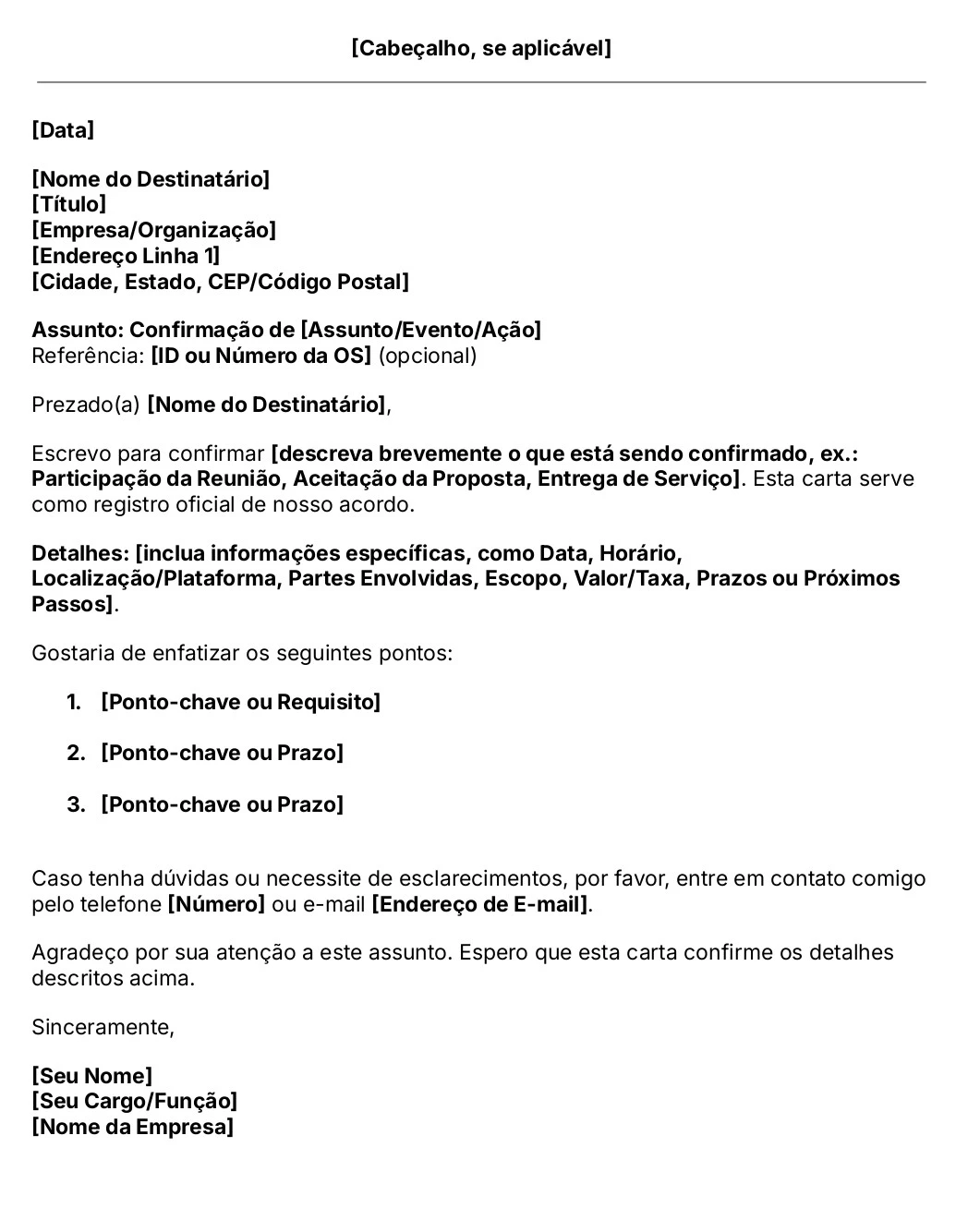 modelo de carta de confirmação