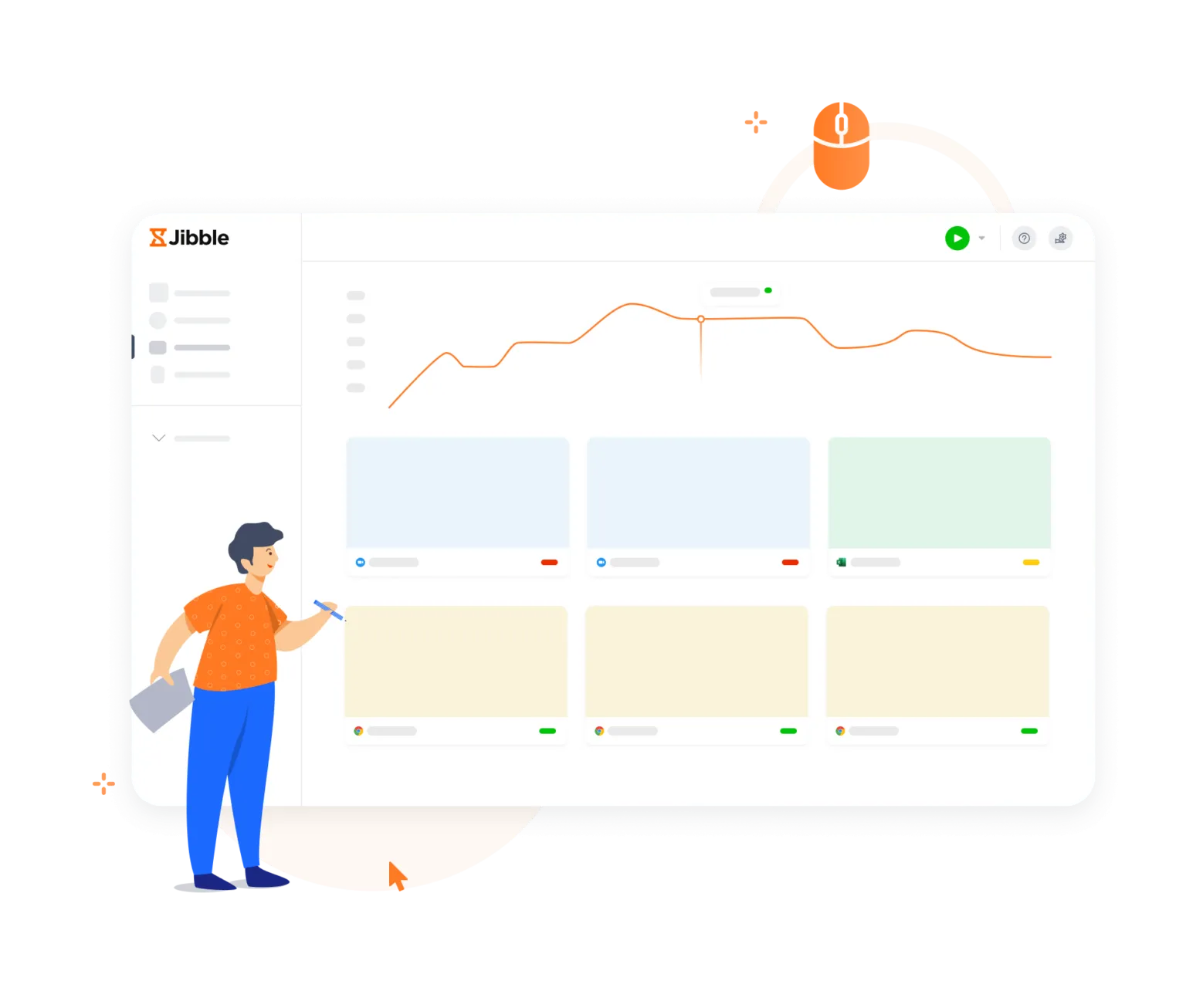 Activity breakdown showing keyboard and mouse activity and app usage in the Jibble app