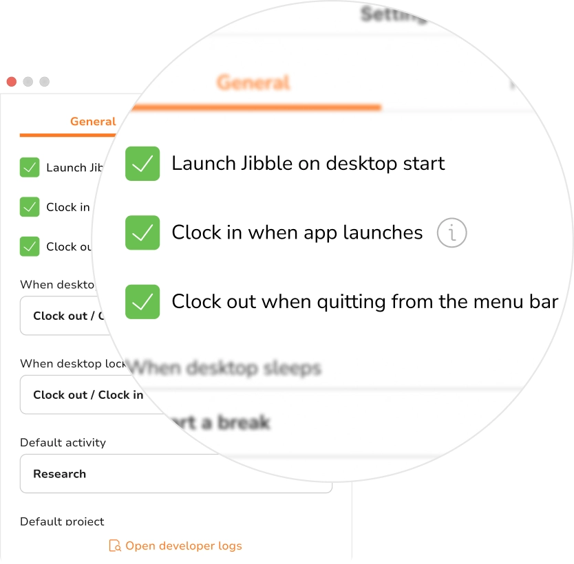 Jibble desktop app General settings — launch on start, clock in/out, and sleep & lock actions