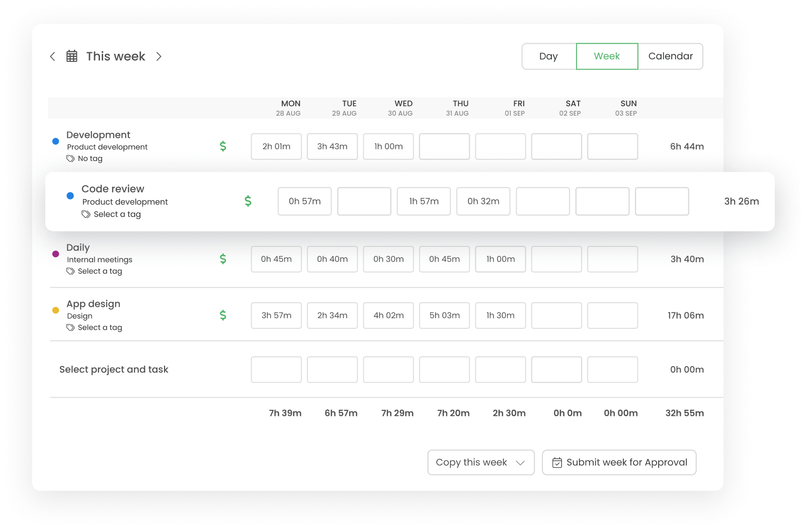 Fitur timesheet TimeCamp