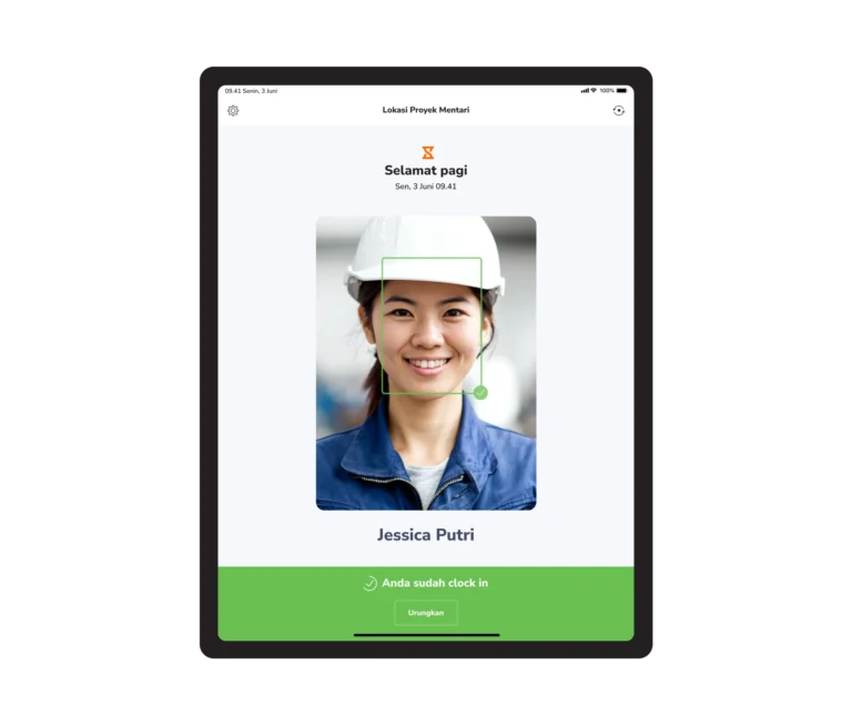 Kios time tracking yang digunakan dengan face recognition di lokasi kerja