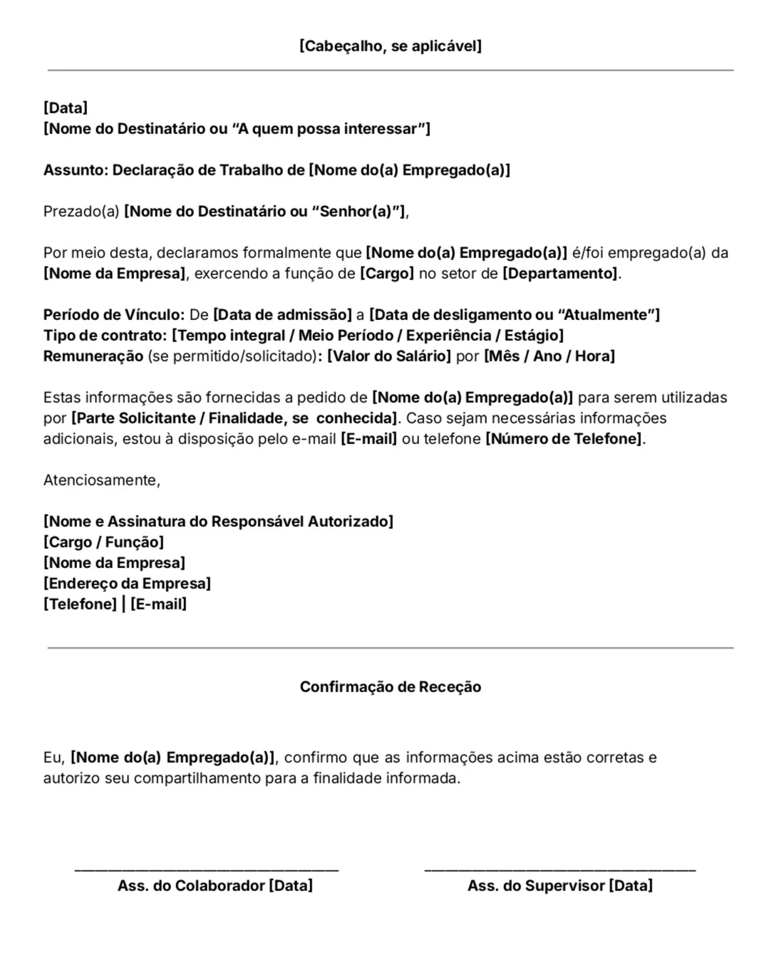 modelo de declaração de trabalho