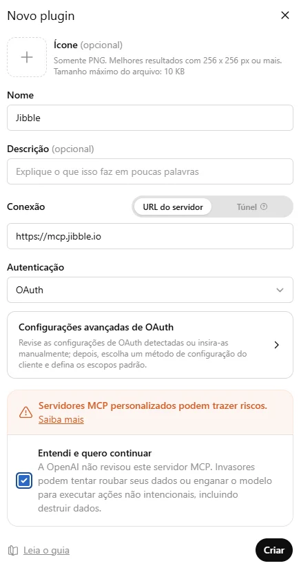 Adicionar novo plugin no ChatGPT para o Jibble MCP