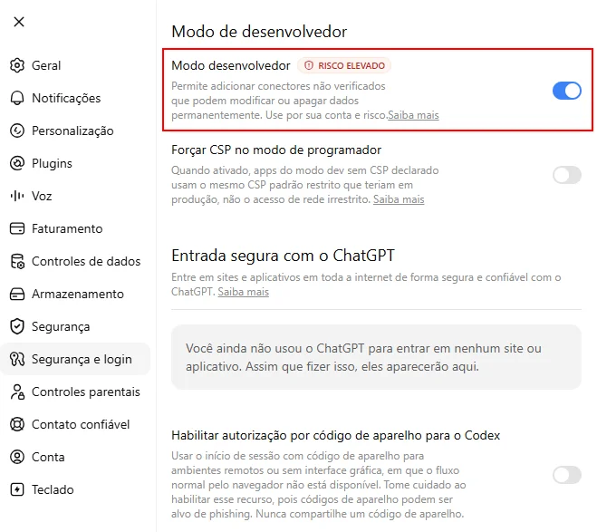 Ativando o modo de desenvolvedor para o ChatGPT