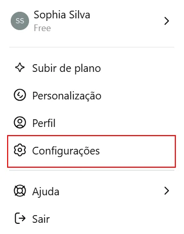 Configurações na barra de menu