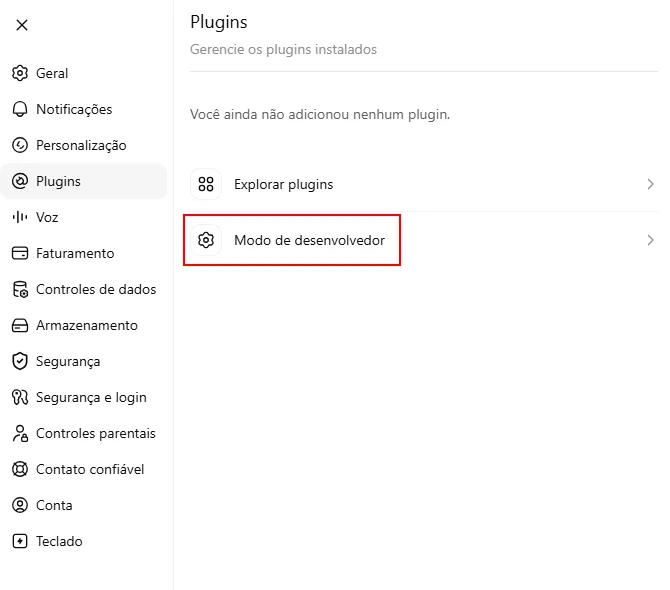 Configurações na barra de menu