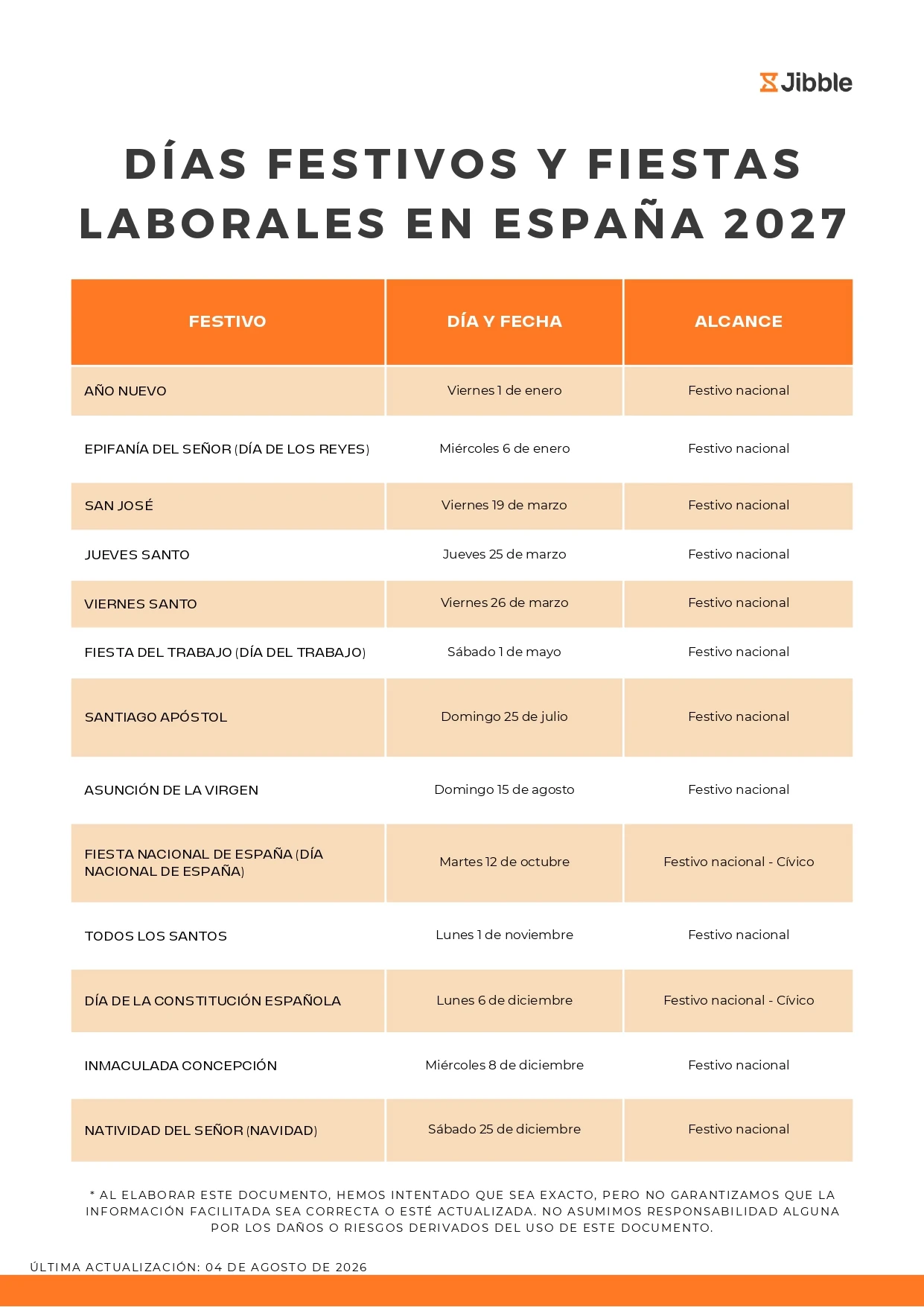 Feriados o días festivos en España en 2027