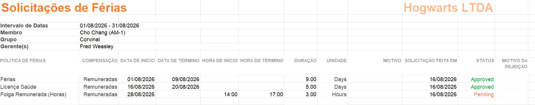 Relatório de solicitações de férias (aba individual)
