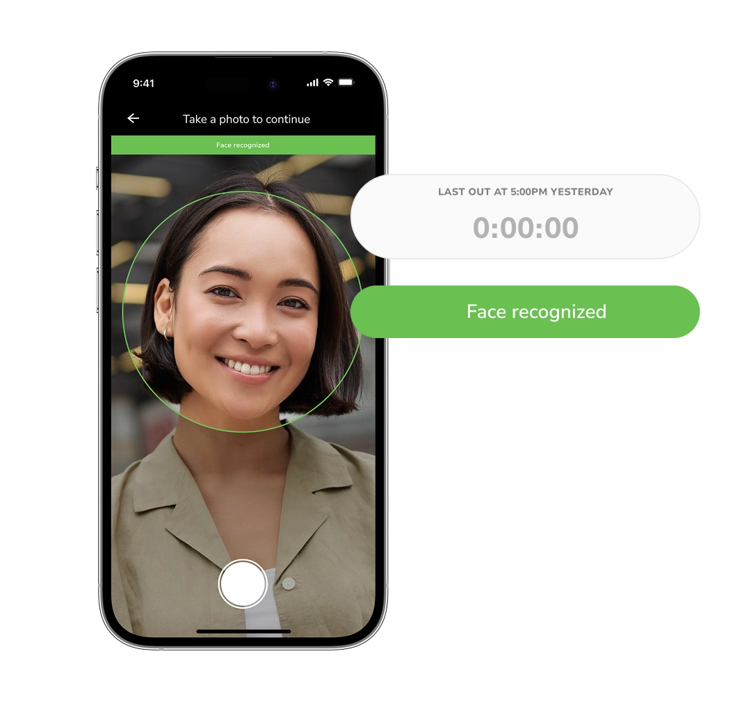 Jibble face recognition clock-in on a phone with the verified attendance record in the web dashboard