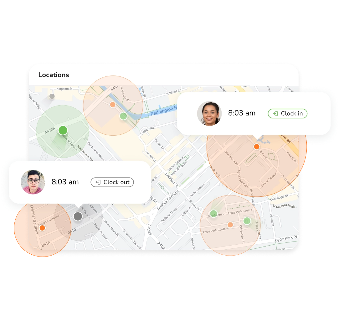 Geofences around authorized work locations checked at each clock-in