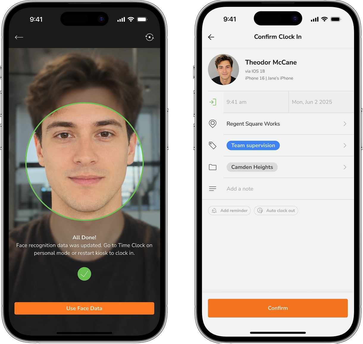 Face recognition enrolment and a confirmed clock-in with location and project on the Jibble mobile app