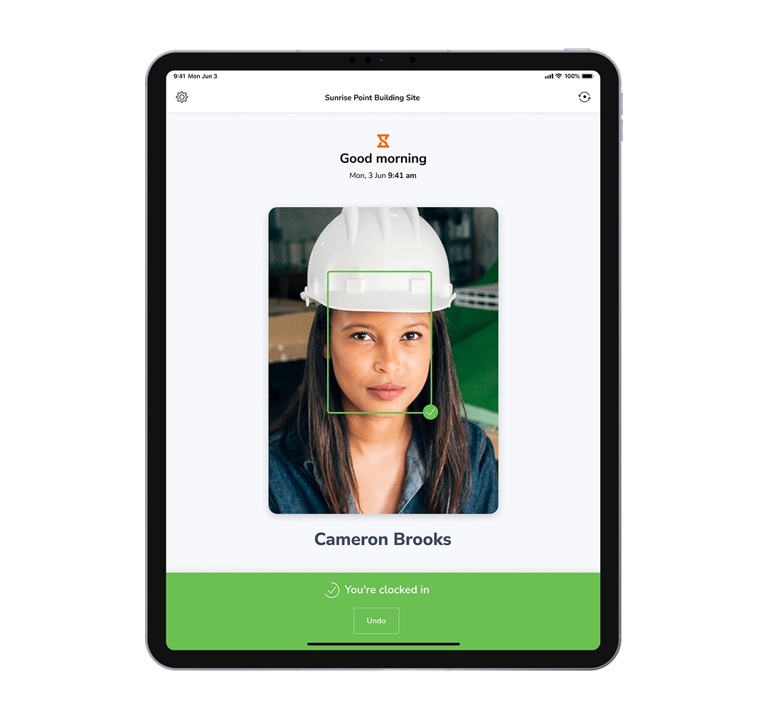 Jibble face recognition clock-in on a shared kiosk tablet and a personal phone