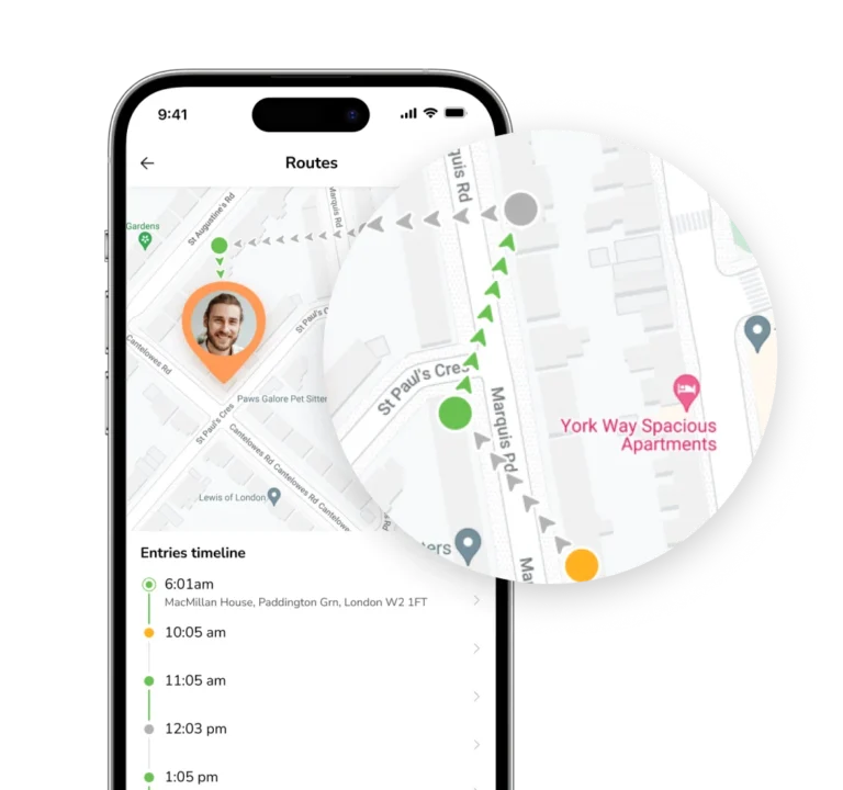 Live location routes and entries timeline on mobile