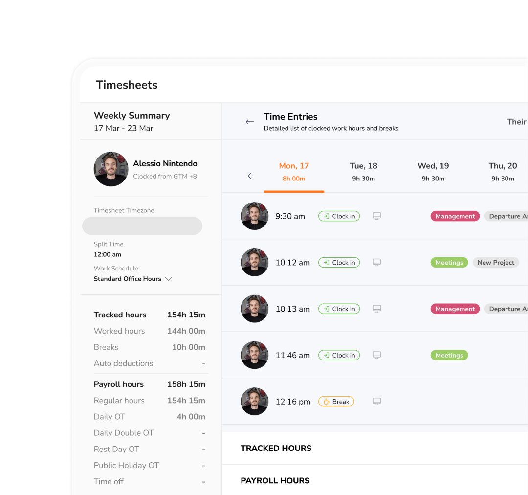 Timesheets calculating regular and overtime hours from verified clock-ins