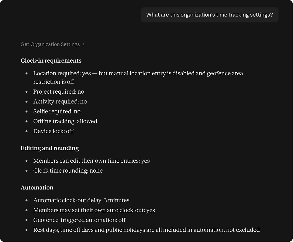Checking time tracking settings via Claude