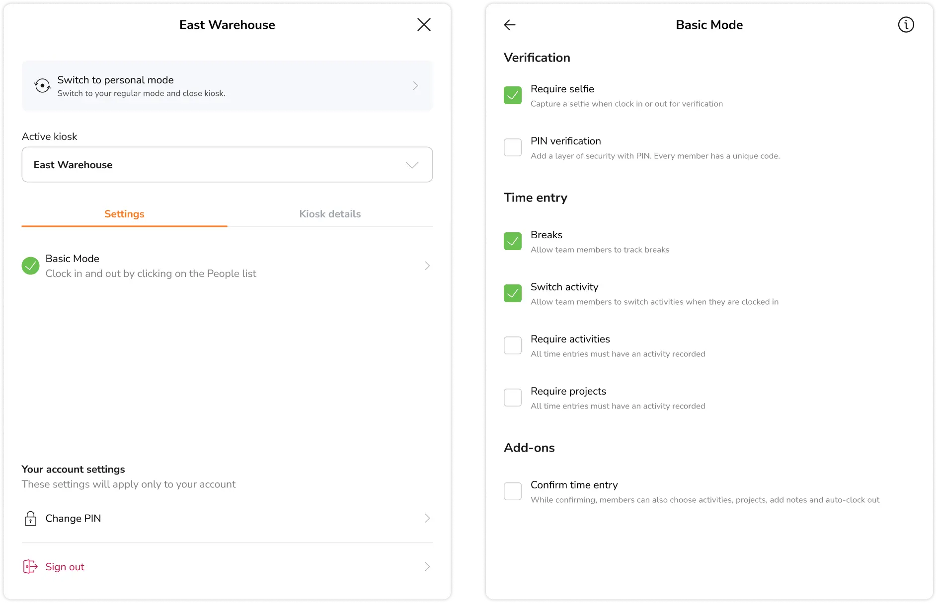 Desktop time clock kiosk settings