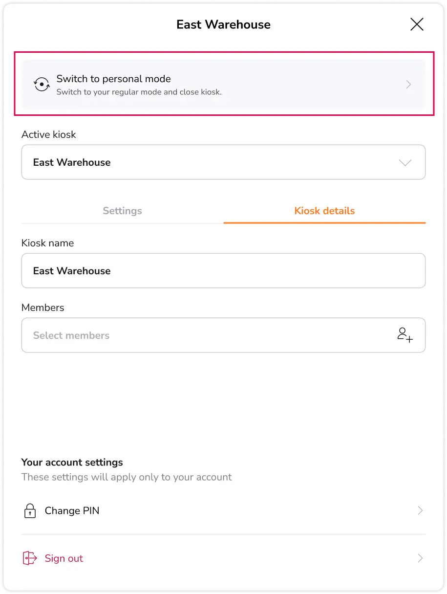 Switching from desktop app kiosk to personal mode time tracking