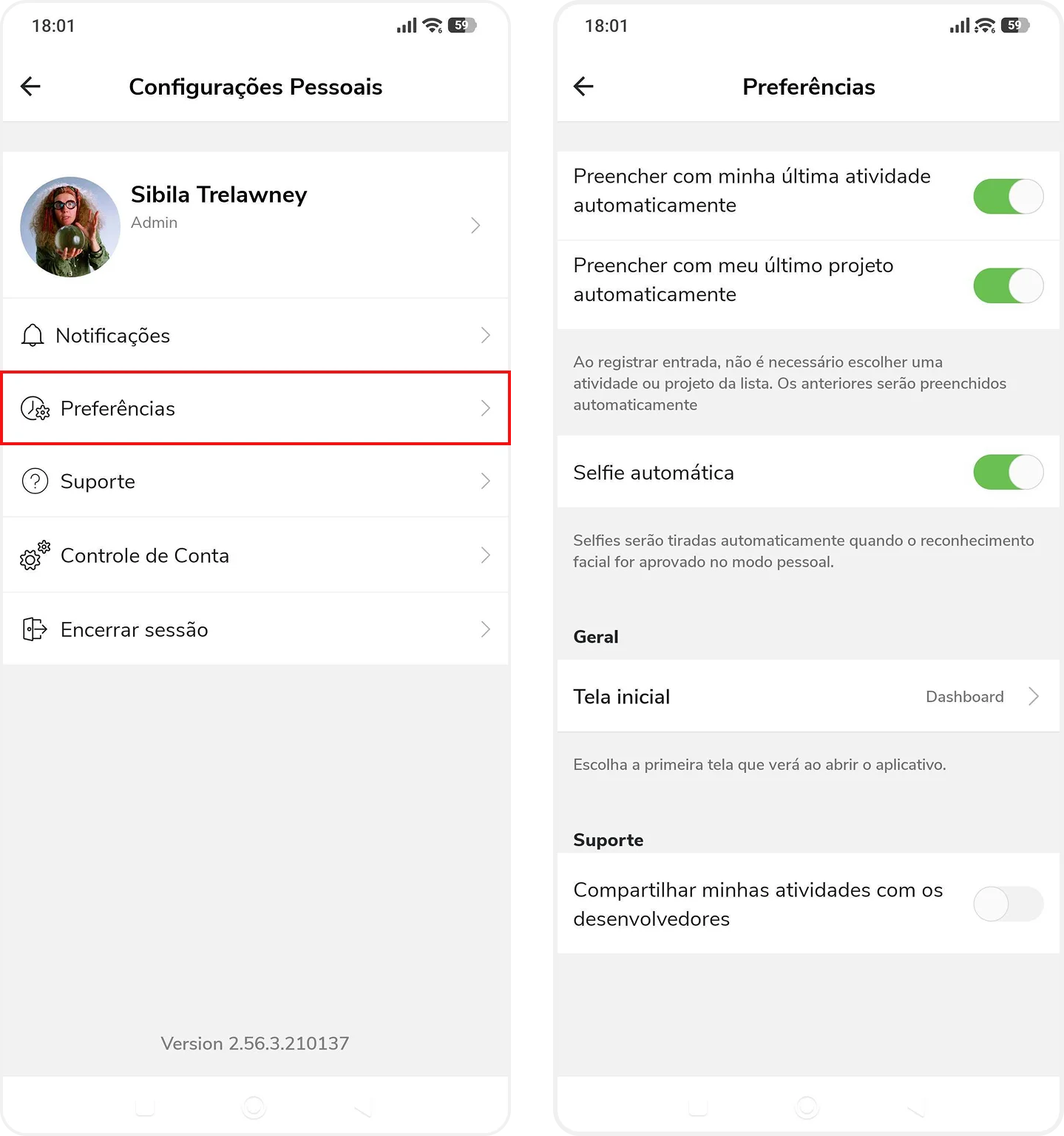 Preferências no celular